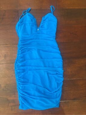 Blue Ruched Bodycon Dress with Spaghetti Straps